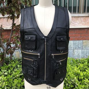 春秋冬季 中老年羊皮马甲男真皮摄影老人多口袋坎肩大码 宽松爸爸装