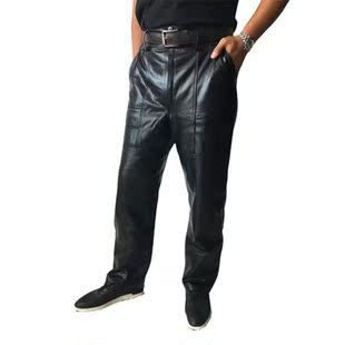 秋冬直筒高腰深裆中老年快递防风保暖皮裤 牛皮机车裤 子男士 真皮裤