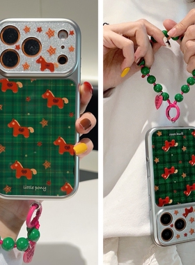 早春ins绿色格纹小马适用iphone17promax手机壳苹果17新款16ProMax镜头大视窗15Pro带挂绳14手拎提17PM保护套