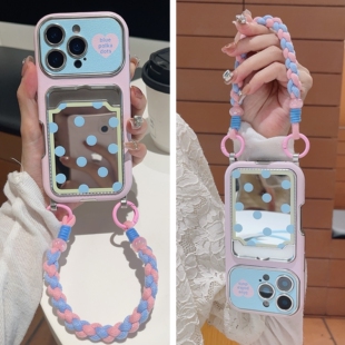 韩国ins蓝色波点镜面卡包适用苹果17promax手机壳iphone16新款13可插卡14pro手提15promax斜挎可背带挂绳撞色