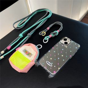ins彩色艺术波点镜面补妆镜子适用苹果17promax手机壳新款挂绳iphone16斜跨13可背12背包14手提包15Pro零钱包