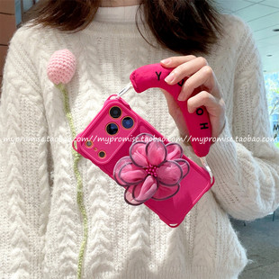 夏日ins少女玫粉蕾丝纱花朵腕带适用iphone16promax苹果17手机壳16plus新款14可背13手拎15ProMax斜挎带挂绳