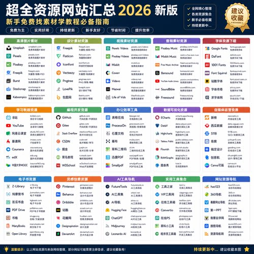 超全资源网站汇总 2026 新版 新手免费找素材学教程必备指南