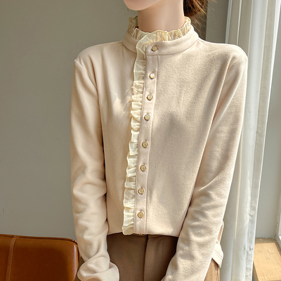 内搭长袖衬衫女荷叶领德绒上衣