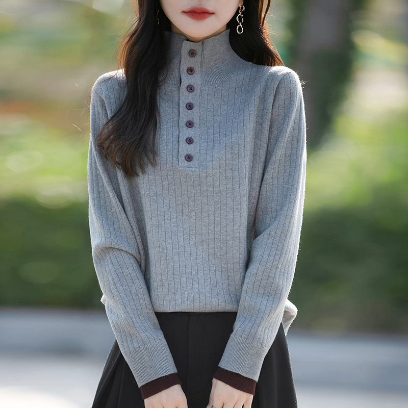 高立领宽松拼色针织衫秋冬2024新款时尚设计感小众半开领翻领毛衣