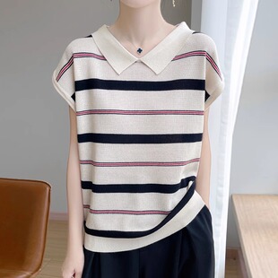 娃娃脸条纹撞色短袖t恤女宽松休闲减龄半袖上衣莱赛尔薄款T恤夏季