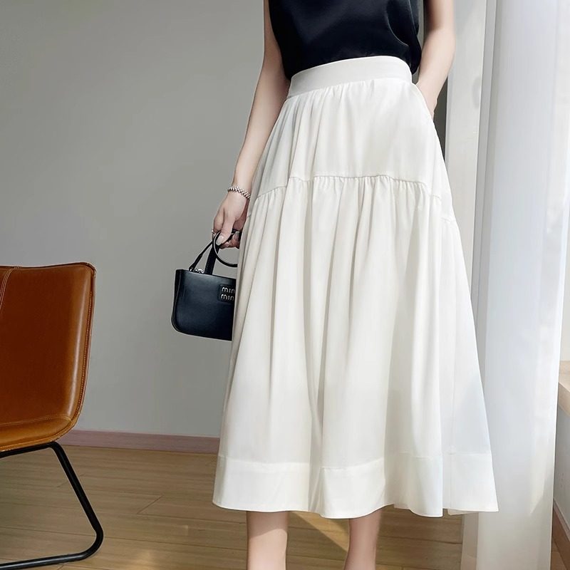 夏季白色半身裙蛋糕裙百搭半裙A字伞裙高腰白裙子黑色带口袋裙子