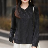 女薄款 秋冬时尚 新中式 内搭上衣长袖 针织缎上衣 衬衫 黑色国风打底衫