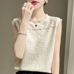 短袖 西装 女春秋打底衫 针织衫 t恤上衣 小香风内搭背心蕾丝钉珠砍袖