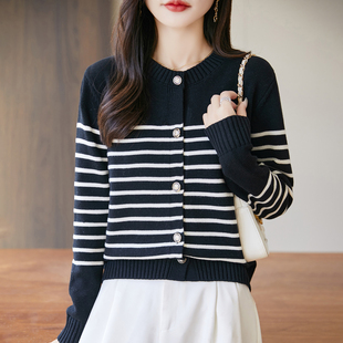 100纯棉条纹针织开衫外套女2025春秋格雷系上衣miu系小个子外搭新