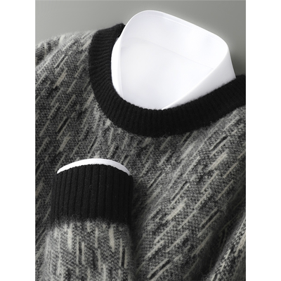 拼色纯羊毛衫男2025秋冬新款圆领宽松毛衣加厚大码羊绒针织打底衫