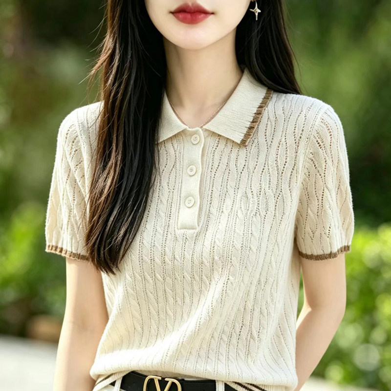 polo领麻花14针天丝针织短袖女2026夏翻领纽扣上衣百搭显瘦针织衫