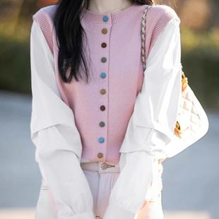 欧货宽松休闲百搭圆领彩色扣衬衫女设计感针织拼接衬衣假两件开衫