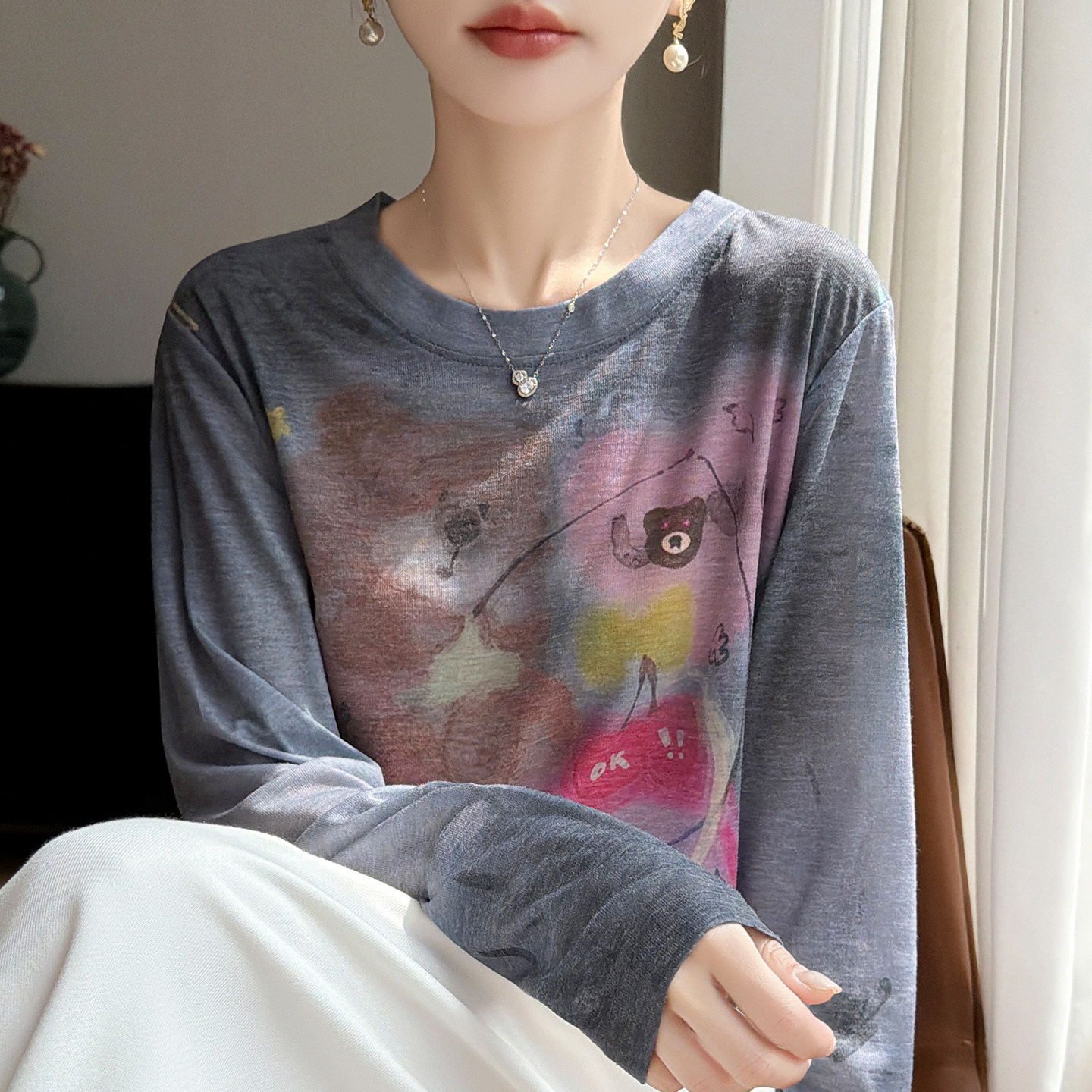 夏季圆领水墨晕染花色打底衫女套头宽松显瘦长袖罩衫防晒空调衫潮