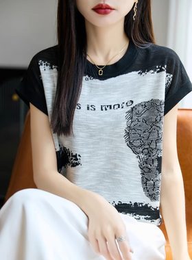 设计感字母印花竹节麻小飞袖女