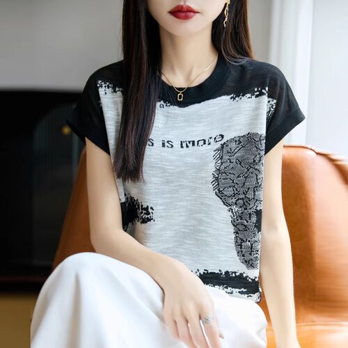设计感字母印花竹节麻小飞袖女