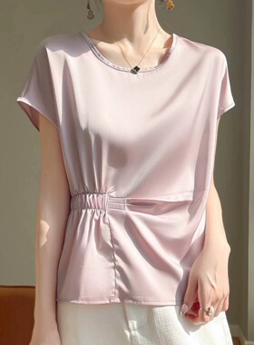 桑蚕丝圆领短袖真丝T恤收腰宽松夏季显瘦气质洋气时尚休闲半袖F04