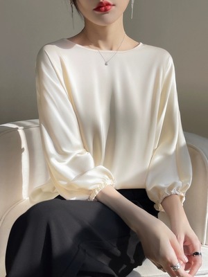 100%桑蚕丝t恤女七分袖米白色缎面垂感夏季重磅真丝衬衫短袖上衣4