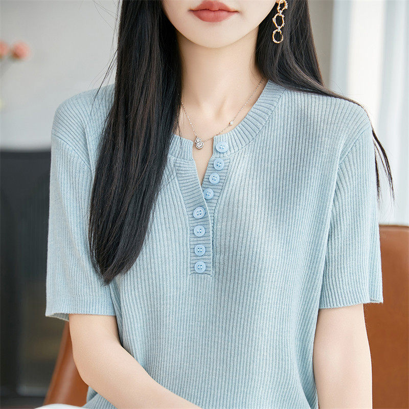 2026新款纯色纽扣针织短袖t恤女夏季薄款冰丝针织衫大码女装上衣