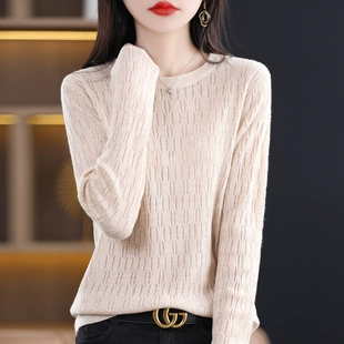 百搭女显瘦宽松织衫 新款 纯色女 春季 圆领灯笼花纹毛衣爆款