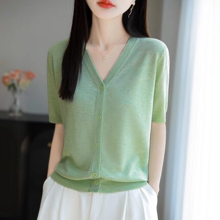 2025夏季精纺薄款v领针织短袖开衫女气质显瘦百搭t恤半袖小衫上衣