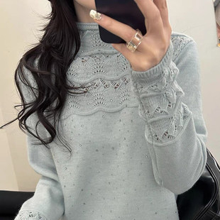 重工烫钻钩花半高领宽松型米色毛衣女加厚针织衫可外穿内搭打底衫