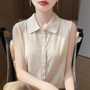 polo领t恤衬衣内搭打底衫 针织薄款 针织砍袖 翻领衬衫 白色上衣 无袖