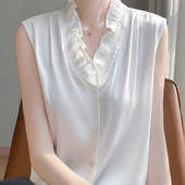 女休闲质感缎面V领打底衫 2025春季 衬衫 小香风木耳边无袖 背心 新款