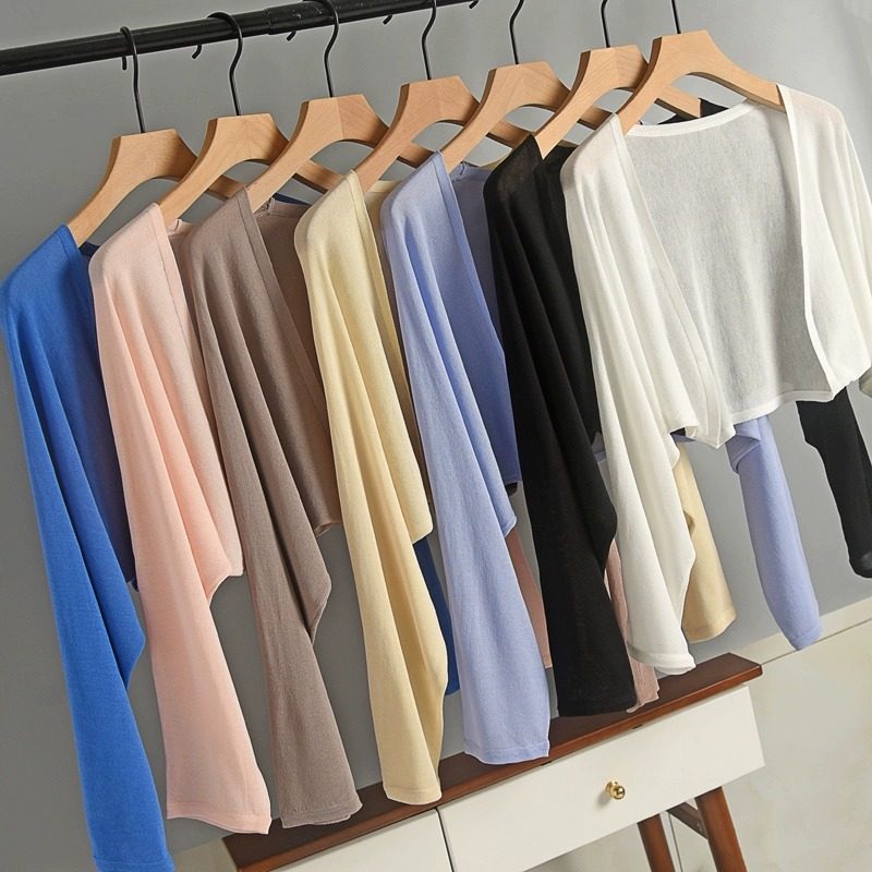 서스펜더 스커트 숄 초박형 쇼트 조끼 아이스 실크 니트 라지 사이즈 아우터 블라우스로 여름 여성 자외선 차단 가디건