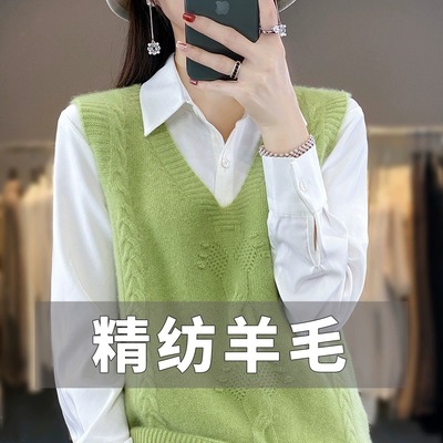 重工绞花针织羊毛衫马甲女