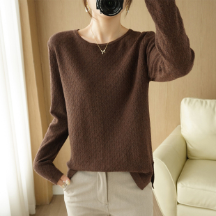 毛衣镂空开衩外穿圆领宽松打底长袖 女薄款 100%纯棉针织衫 初秋新款