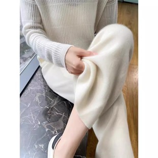 女外穿高腰口袋垂感加厚羊绒拖地直筒长裤 秋冬新款 羊毛针织阔腿裤