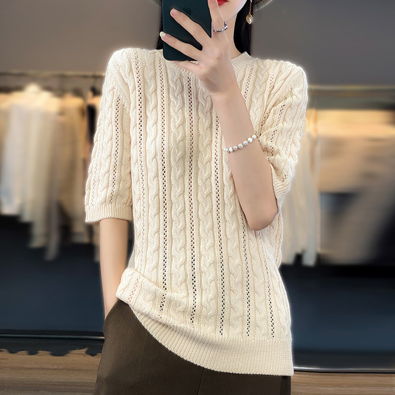 短款麻花镂空半袖上衣全棉薄体恤