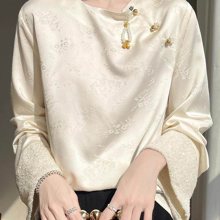 新中式国风上衣女装2025新款真丝小衫新改良醋酸缎面提花盘扣衬衫,女装/女士精品,真丝上装,淘宝优惠券,粉丝福利购,淘宝优惠卷