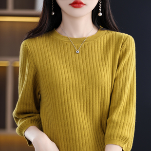 23春季新款纯棉七分袖打底针织衫女圆领套头中袖毛衣宽松棉麻上衣