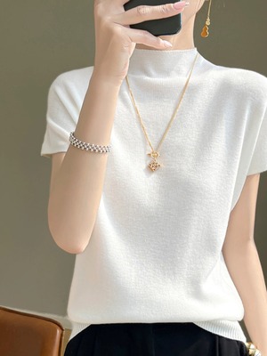 半高领天丝针织短袖T恤衫