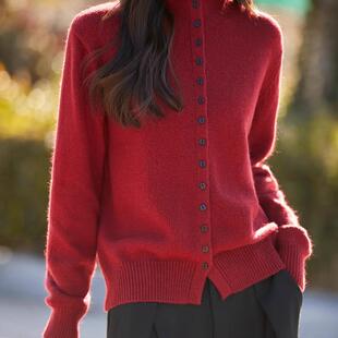 韩系立领开衫毛衣外套女秋冬时尚方形纽扣宽松纯色针织衫叠穿打底