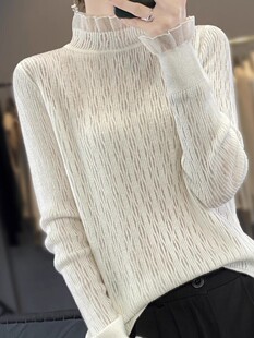 不费力优雅!羊毛网纱拼接微透镂空高领针织打底衫女薄款套头长袖