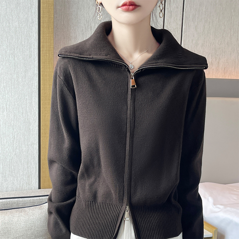 翻领毛衣开衫休闲针织双拉链上衣