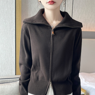 2025秋季新款松弛感拼接外套大翻领毛衣开衫休闲针织双拉链上衣潮