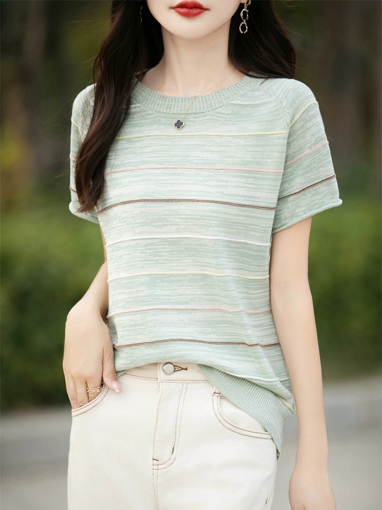 100%全棉线针织短袖女亲肤透气条纹半袖夏季清新宽松外穿T恤上衣