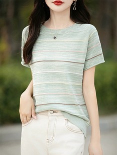 100%全棉线针织短袖 清新宽松外穿T恤上衣 女亲肤透气条纹半袖 夏季
