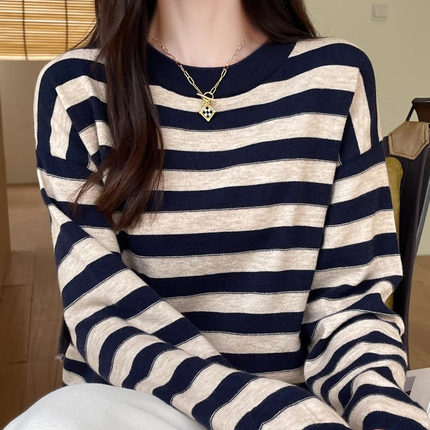 清仓羊绒衫条纹女秋冬上衣毛衣宽松圆领套头减龄内搭羊毛针织打底