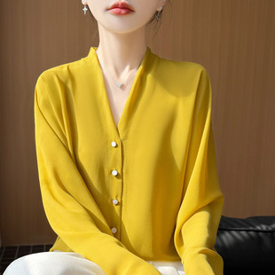 优雅V领衬衫女长袖薄款防晒开衫雪纺气质纱料衬衣百搭配裙子上衣