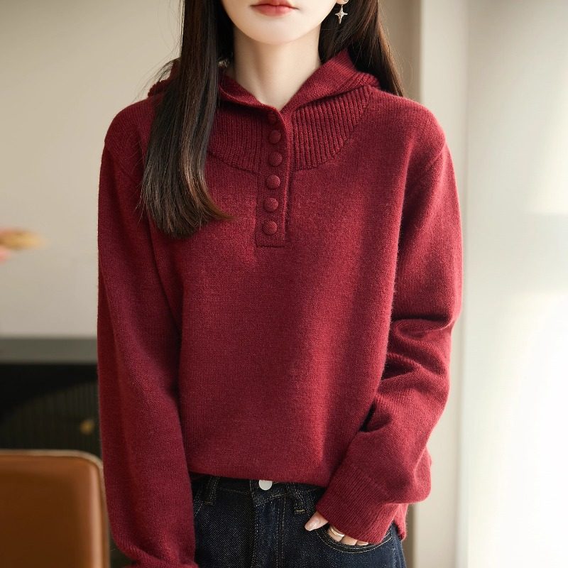 法式新年红色连帽针织衫女高端加厚保暖毛衣宽松休闲打底帽衫上衣,女装/女士精品,毛针织衫,淘宝优惠券,粉丝福利购,淘宝优惠卷