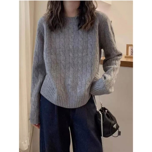 欧货麻花加厚圆领羊绒针织衫女秋冬宽松显瘦正肩毛衣打底羊毛衫