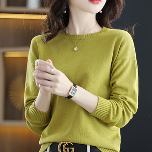 线衫 女圆领落肩套头百搭毛衣全棉线上衣新款 针织打底衫 纯棉线长袖
