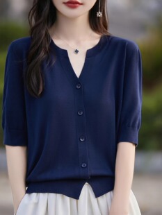 夏季新款莱赛尔天丝短袖针织衫女薄款五分袖法式开衫羊毛外套上衣