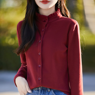 双面磨毛木耳领打底衬衣女2024秋冬加厚保暖叠穿内搭绒衣衬衫上衣