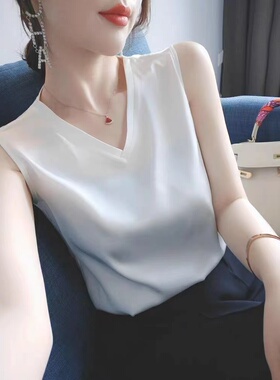 白色真丝吊带背心女桑蚕丝醋酸缎面V领无袖打底衫上衣西装内搭t恤